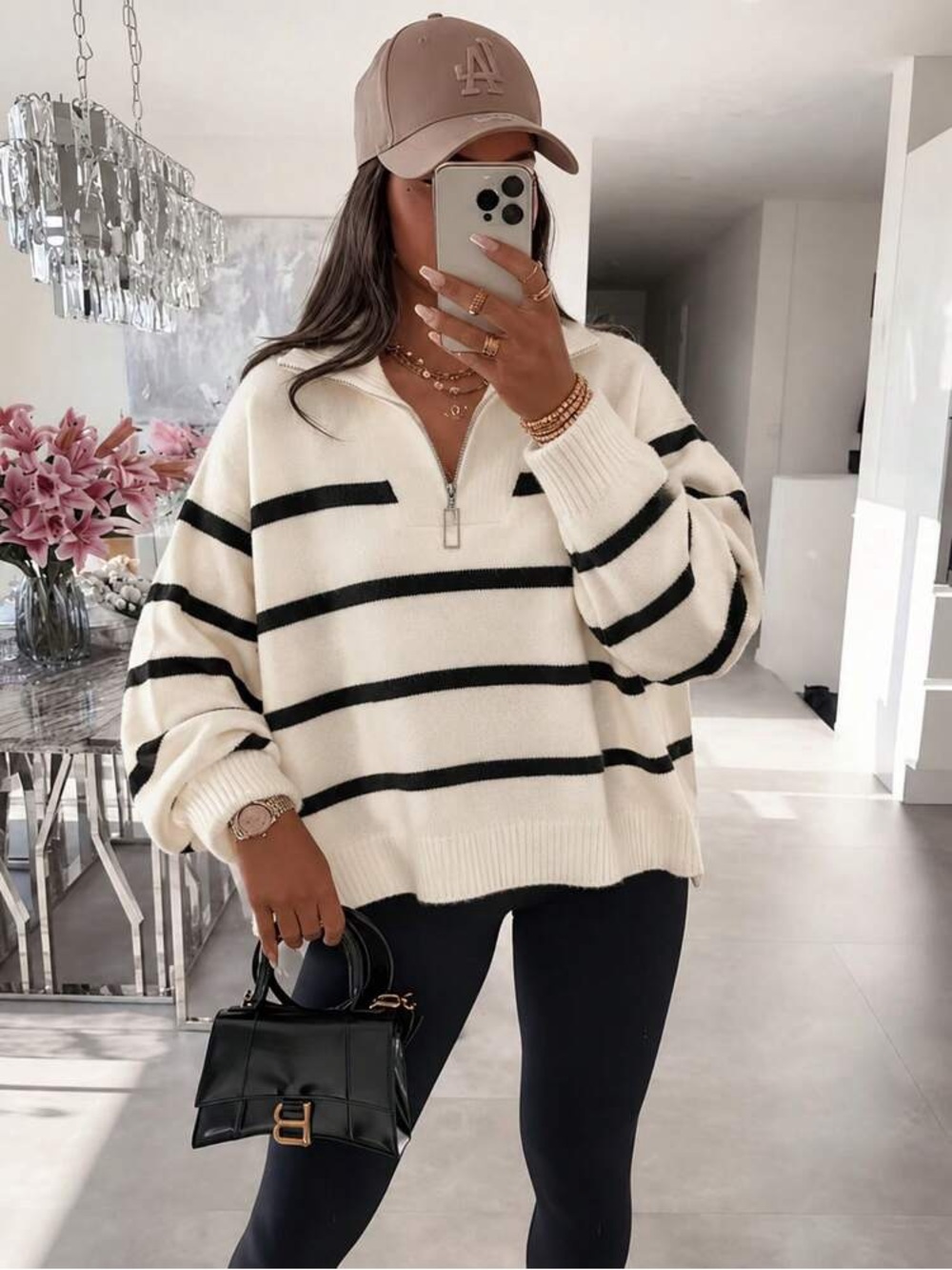SHEIN Cream and Black Striped Half-Zip V-Neck Sweater S